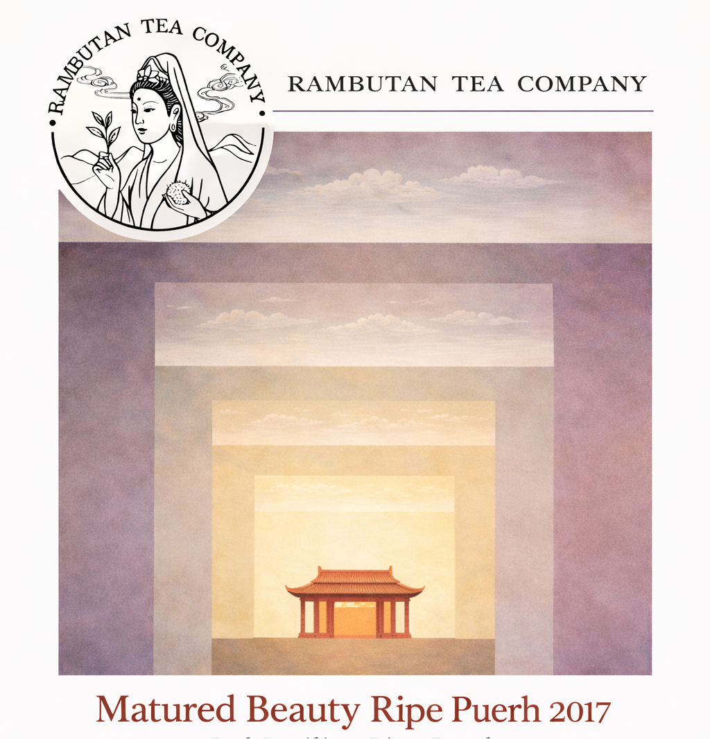 Rambutan Tea Company branded label or packaging artwork for 'Matured Beauty Ripe Puerh 2017,' featuring a stylized illustration of a traditional pagoda within layered architectural frames and a circular logo at the top left.