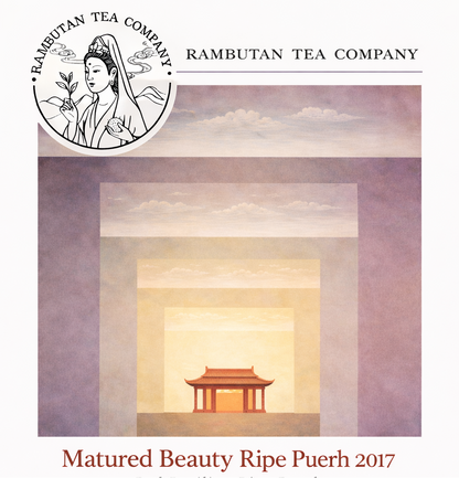 Rambutan Tea Company branded label or packaging artwork for 'Matured Beauty Ripe Puerh 2017,' featuring a stylized illustration of a traditional pagoda within layered architectural frames and a circular logo at the top left.